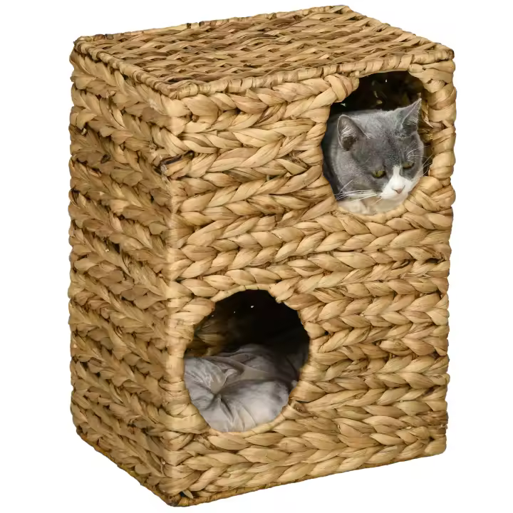 PawHut Barril rascador para gatos de 55 cm de alto con 2 cuevas, cojines lavables, rascador, torre para gatos hecha de jacinto de agua, marrón claro - 1