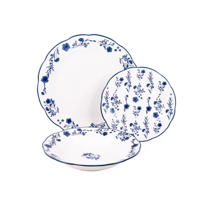 Cofan Vajilla de porcelana esmaltada | Juego de 18 piezas | Diseño floral azul y blanco | Apta para lavavajillas, microondas y horno - 1