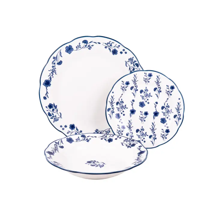 Cofan Vajilla de porcelana esmaltada | Juego de 18 piezas | Diseño floral azul y blanco | Apta para lavavajillas, microondas y horno - 1