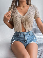 Cardigan De Punto Para Mujer Verano Otoño Ligero De Visón Manga Corta Cuello Redondo Estilo Casual Color Sólido Con Agujeros - details 14