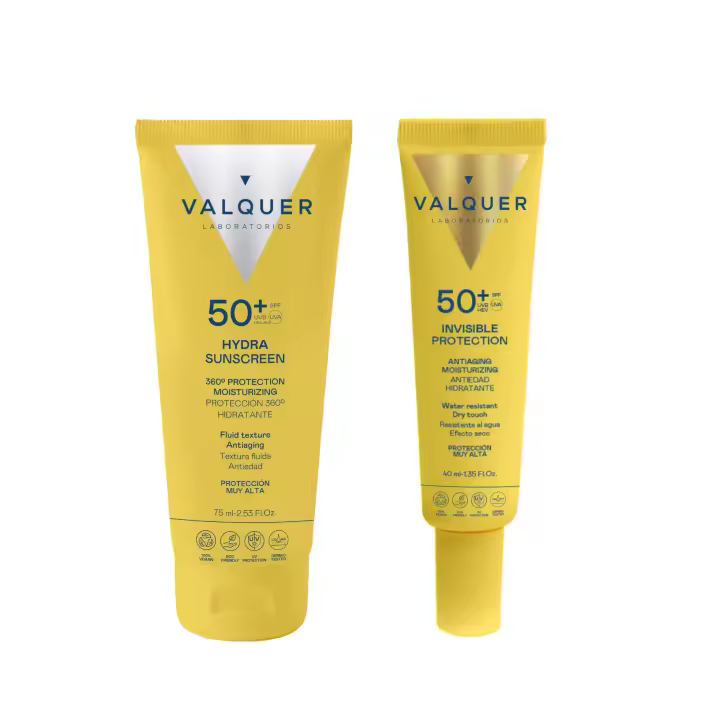 ¡NEW! PACK Solar Facial: SERUM INVISIBLE PROTECTION SPF 50 + CREMA HYDRA SUNSCREEN SPF 50. Pack de Valquer Laboratorios con 2 protectores faciales con SPF 50+, hidratantes y antiedad. - 1