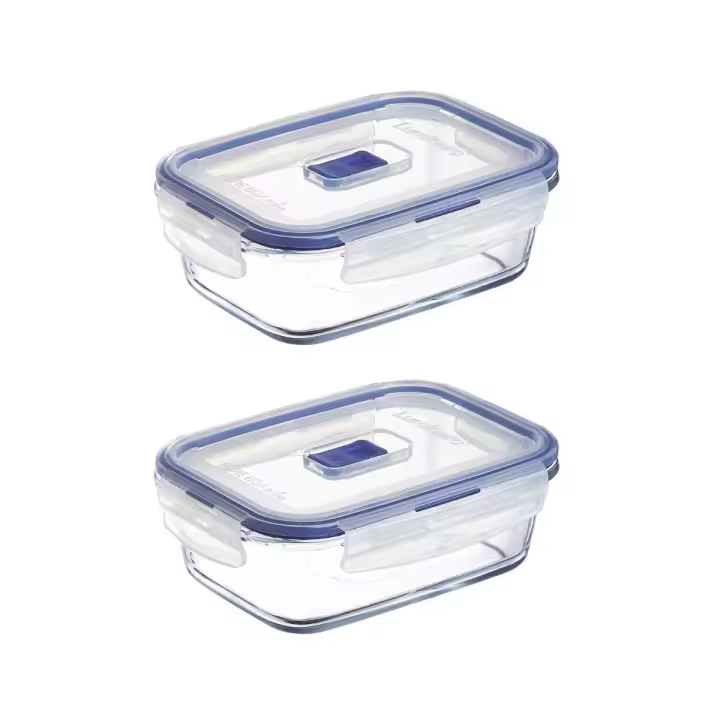 LUMINARC PURE BOX ACTIVE 2 Recipiente Rectangular Hermético Vidri SET 2 PIEZAS 82CL Bicolor Brillo Tapa 4 cierres herméticos 100% con válvula Reciclable - 1