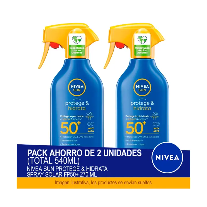 NIVEA SUN Protege & Hidrata Spray Solar FP50+ 270 ml - Pack ahorro de 2 unidades (total 540ml) - 1