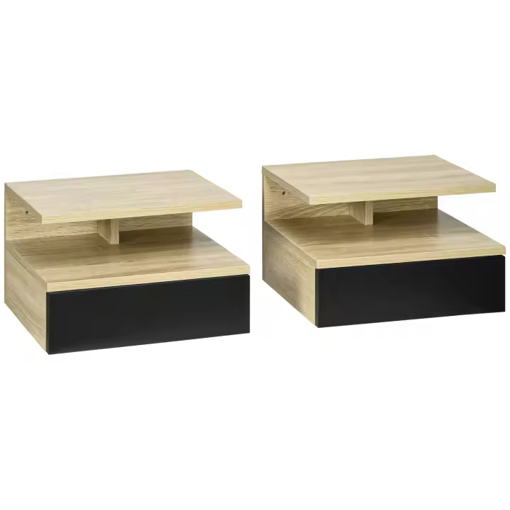 HOMCOM Set de 2 Mesitas de Noche Flotantes Mesillas de Noche de Pared con 1 Cajón y Estante Abierto Diseño Moderno para Dormitorio 35x32x22,5 cm - 1