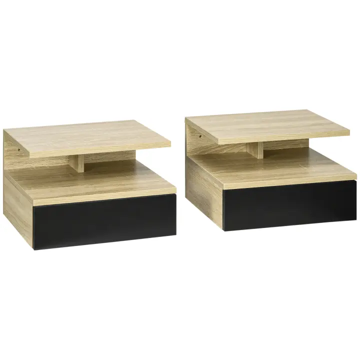 HOMCOM Set de 2 Mesitas de Noche Flotantes Mesillas de Noche de Pared con 1 Cajón y Estante Abierto Diseño Moderno para Dormitorio 35x32x22,5 cm - 1