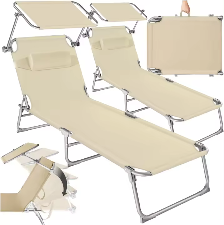 Set de 2 Tumbonas Jardín Exterior con Parasol y Respaldo Regulables, Tumbona Plegable con Reposacabezas, Tumbona Playa Resistente a la Intemperie, Tumbona Piscina Carga Máx. 110 kg - beige - 1