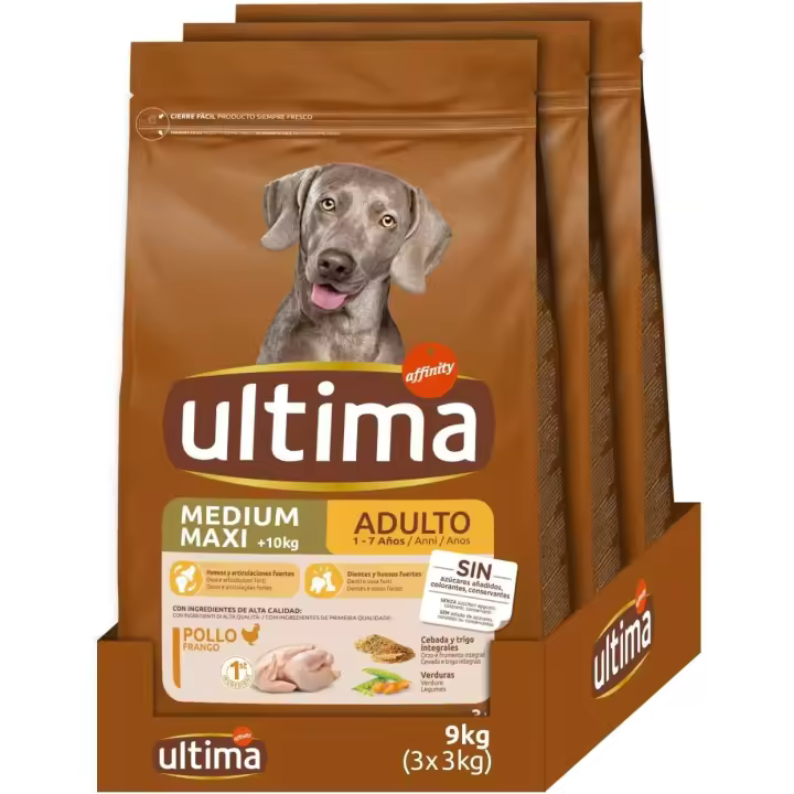 ULTIMA Pienso para perros medium-maxi adult con pollo saco 3 kgs - Pack 3uds - Total 9 kgs - 1