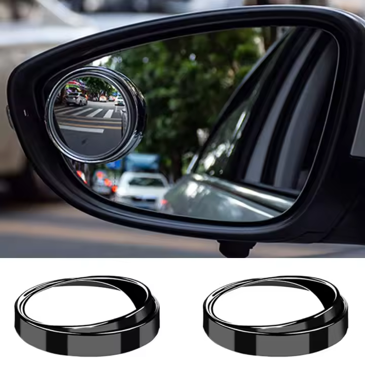 Paquete de 2 mini espejos pequeños para puntos ciegos, espejo retrovisor convexo redondo de vidrio HD de 2 pulgadas, espejo adhesivo fuerte para automóvil, SUV (marco negro) - 1
