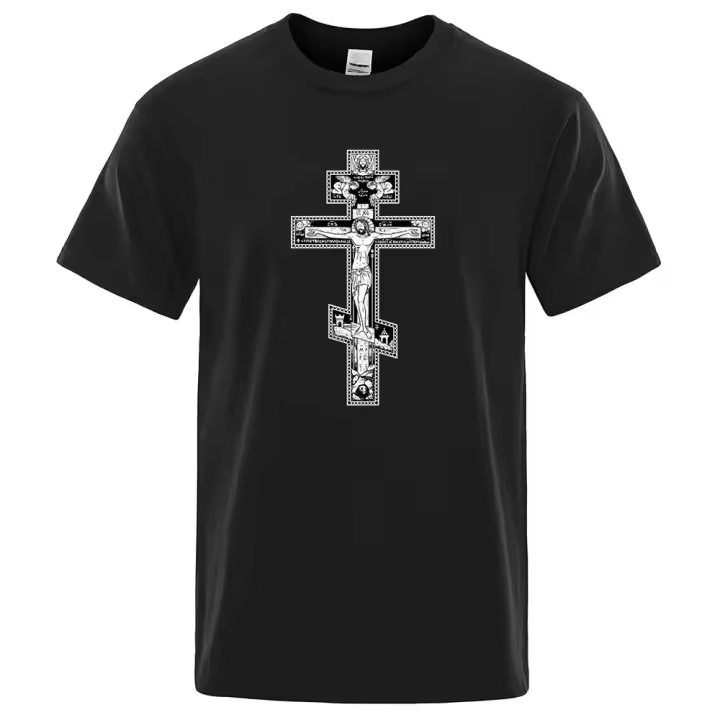 Camiseta De Algodón Casual Para Hombre Estampado De Cruz Ortodoxa Y Ángel Pequeño Estilo Gótico Oscuro Manga Corta Para El Verano - 1