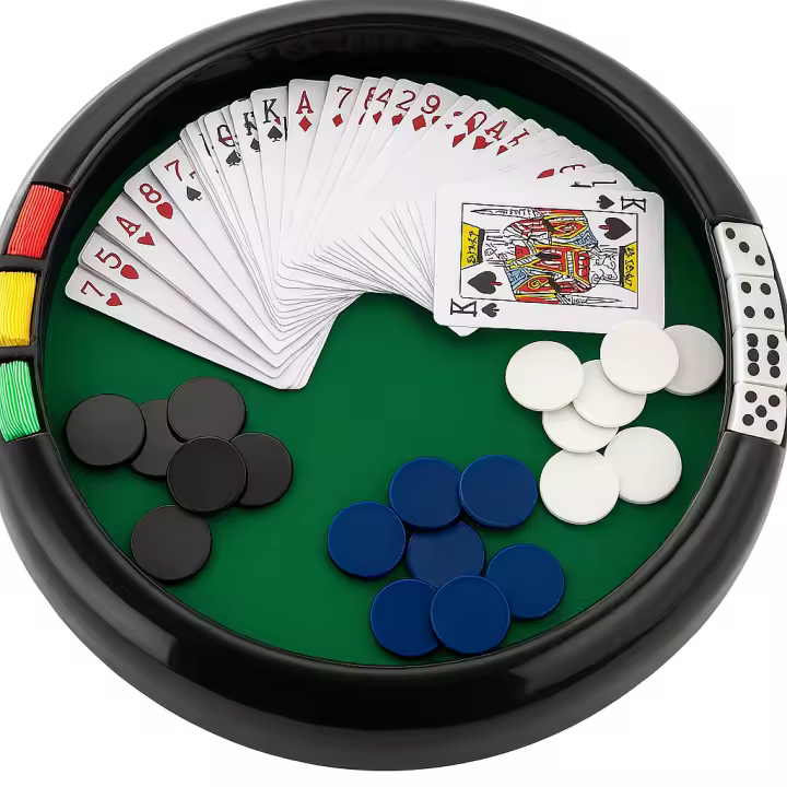 Set de Poker y Juegos de Mesa – Con Fichas, Dados, Baraja y Bandeja Redonda | Juego Familiar y de Casino - 1