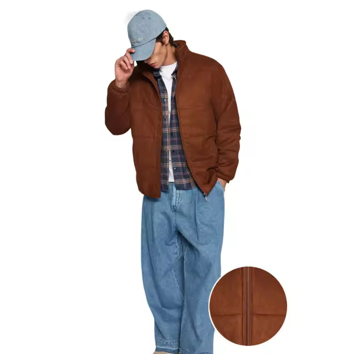 Trendyol Brown Regular Fit Suede Stand Collar Lightly Filled Jacket Coat Tmnaw24Mo00011 - 1