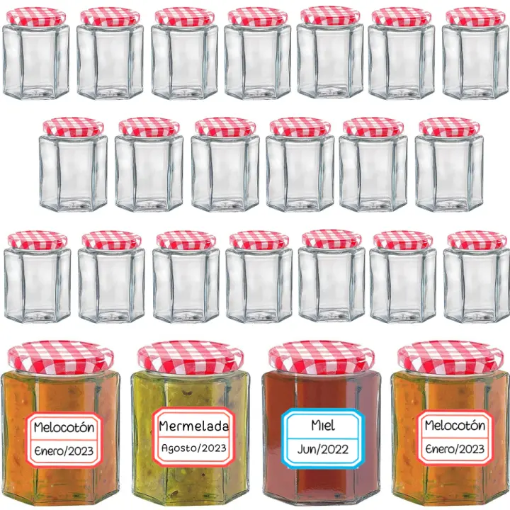 MundoTarros - Tarros de Cristal Hexagonales con Tapa Hermética de 95ml - Incluye Etiquetas - Aptos para Lavavajillas - Tarritos resistentes Ideales para Mermeladas, Miel, Especias, Cremas... Perfectos para Regalar - 1