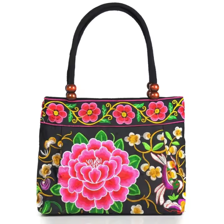 Bolso Pequeño Para Mujer Estilo Étnico Bordado En Lona Bolso De Mano Moda Con Cierre De Cremallera Doble Correa Versátil - 1
