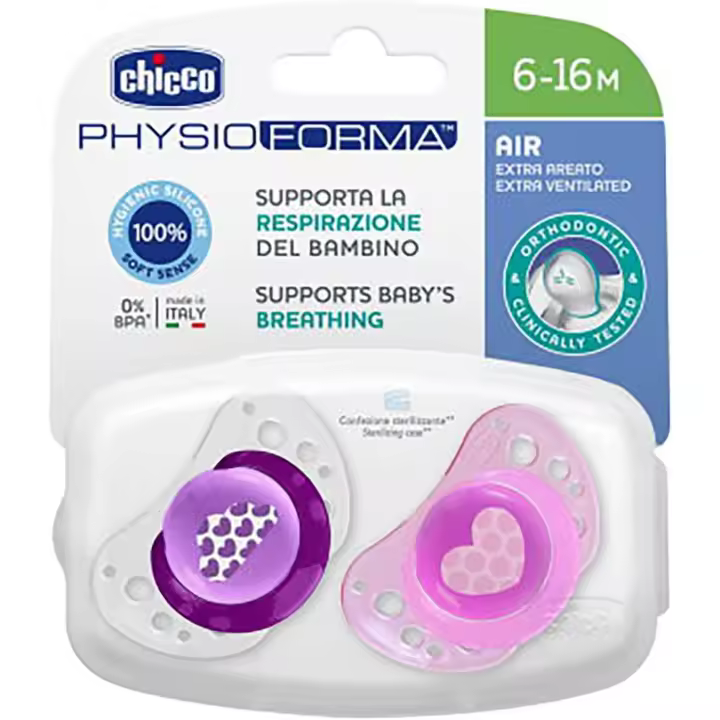 CHICCO - Pack 2 chupetes Physio air - Incluye portachupetes - Sin BPA - Para bebés entre 6 y 12 meses - 1