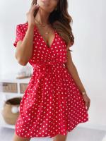 Vestido Casual De Mujer Con Puntos Y Cuello En V Talla S-2XL Manga Corta A-Line Con Cinturón Para Comunicación Y Fiestas De Verano - details 1