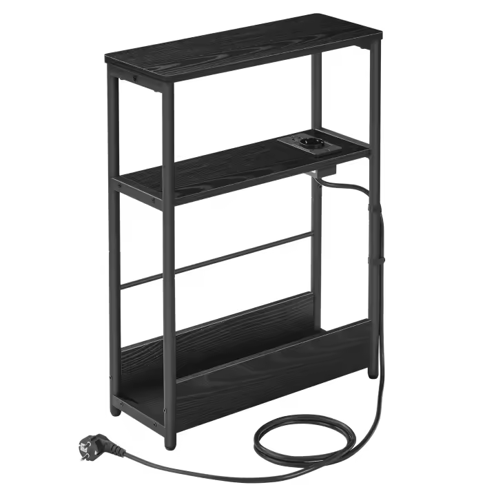 VASAGLE Mesa Auxiliar con Multienchufe, Mesa Auxiliar Estrecha con 3 Estantes, Mesa para Espacios Pequeños con Revistero, para Salón, Dormitorio, Estudio, Negro Ébano y Negro Tinta/Marrón Rústico y Negro Tinta/Greige Melange y Negro Tinta - 1