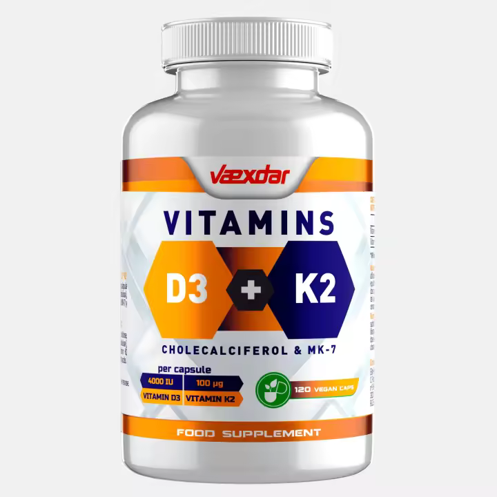Vaexdar Supplements - Vitamina D3 + K2 - 120 Cápsulas Vegetales - Colecalciferol 4000 UI + Menaquinona-7 100mcg - 1