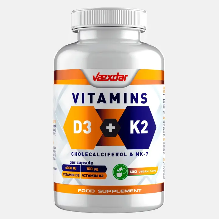 Vaexdar Supplements - Vitamina D3 + K2 - 120 Cápsulas Vegetales - Colecalciferol 4000 UI + Menaquinona-7 100mcg - 1