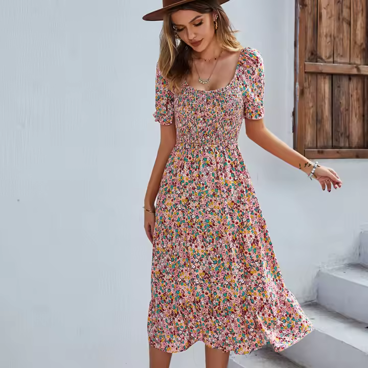 Bohemian Print Dress Summer Round Neck Swing Skirt - 1