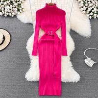 Vestido Maxi De Cuello Alto Para Mujer YuooMuoo 2024 Otoño Invierno Elegante Ajustado Con Cinturón Estilo Bodycon Tejido Ribbed Suave Y Elástico - details 12