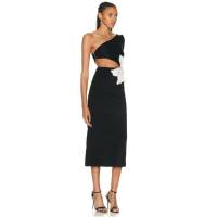 Vestido Bandage De Mujer De Largo Con Manga One Shoulder Decoración Floral Sexy Para Fiesta Y Noche Corte Midi Con Hueco - details 2