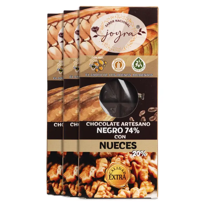 ARTE SABOR Pack 3 Tabletas de chocolate artesanal (74% Cacao) con nueces y miel, 100g cada una. 6,8x1,3x16,8 Cm. - 1