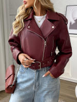 Chaqueta De Cuero PU Para Mujer Fitaylor Cierre De Cremallera Estilo Casual Con Cuello En V Y Cinturón Moto Outwear - details 4