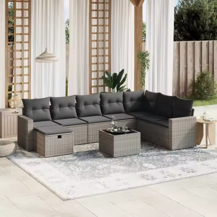 vidaXL Set de muebles de jardín 9 pzas y cojines ratán sintético gris - 1