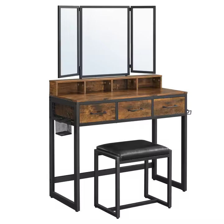 Tocador con espejo triple, taburete acolchado incluido, soporte para secador, con 3 cajones, mesa de maquillaje, varios colores - 1