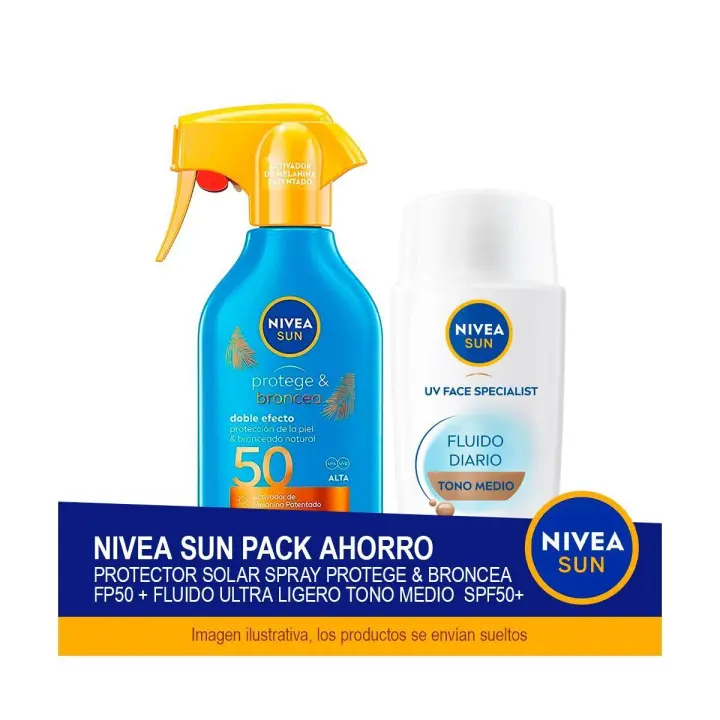 NIVEA SUN Pack ahorro protector solar - Contiene Spray Protege & Broncea FP50 + Fluido ultra Ligero Tono Medio  SPF50+ - 1