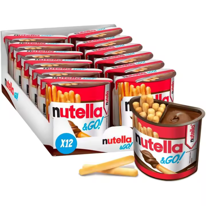 KINDER Nutella & Go 52g caja de 12 unidades - Crema de cacao, avellanas y leche Nutella en envase de plástico con palitos de pan para mojar. Ideal para llevar a cualquier parte por su comodidad muy delicioso - 1