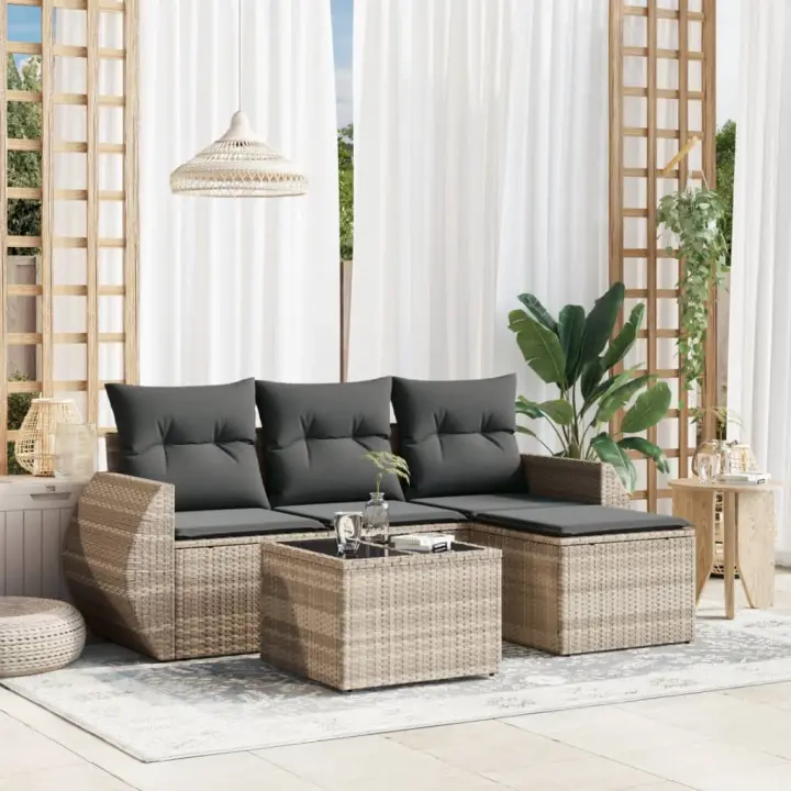 vidaXL Set de sofás jardín y cojines 5 pzas ratán sintético gris claro - 1