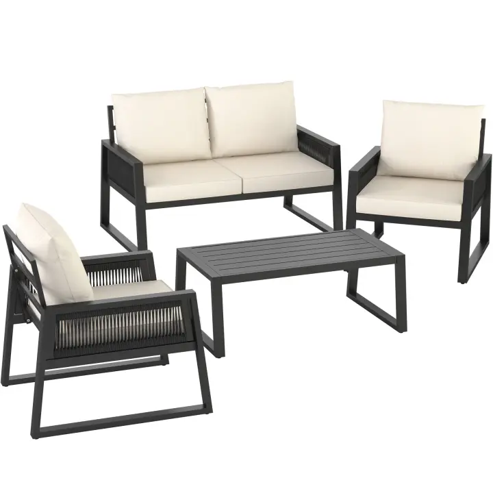 Tectake - Conjunto de muebles de jardín CAPTIVE con diseño de cuerdas, Cómodo conjunto de muebles de exterior para hasta 4 personas con diseño de cuerdas, Estructura resistente de aluminio ligero e inoxidable, Cojines grandes y extra gruesos - 1