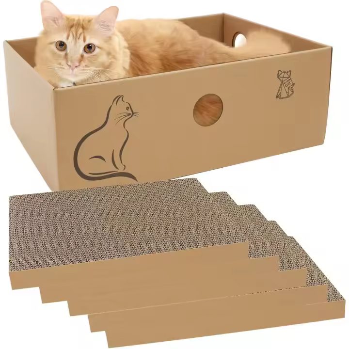 Rascador de cartón para gatos con caja, 5 piezas de almohadillas reversibles para rascar para gatos, rascador corrugado para que los gatos de interior descansen y jueguen, adecuado para hasta 5 kg (33 x 24 x 11 cm) - 1