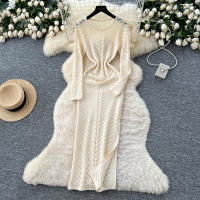 Vestido Largo Vintage De Cintura Alta REALEFT Para Mujer Con Cuello Redondo Manga Larga Y Abertura Lateral Vestido De Encaje Tricotado - details 0
