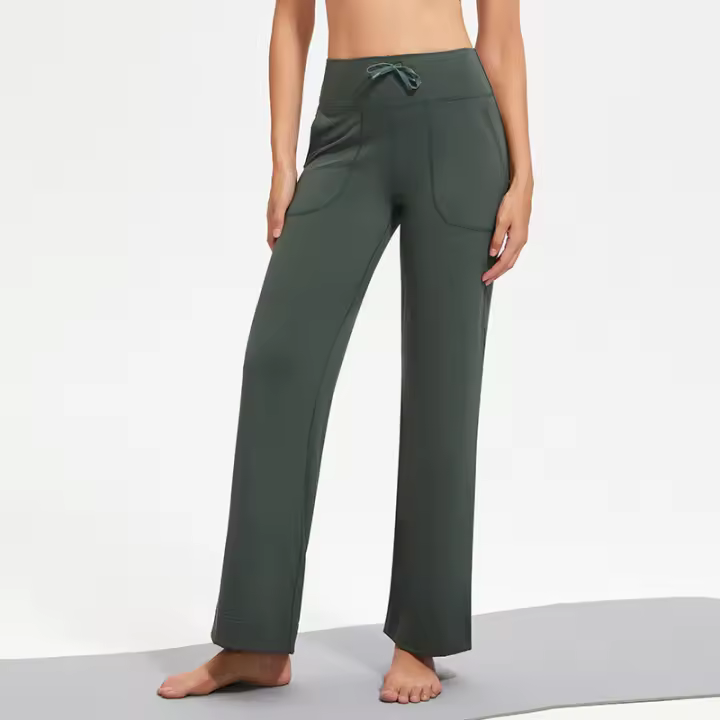 Pantalones de yoga nude para mujer,wide-leg pants high waist drape straight casual trousers drawstring pocket sports flared pants ropa deportiva mujer - 1