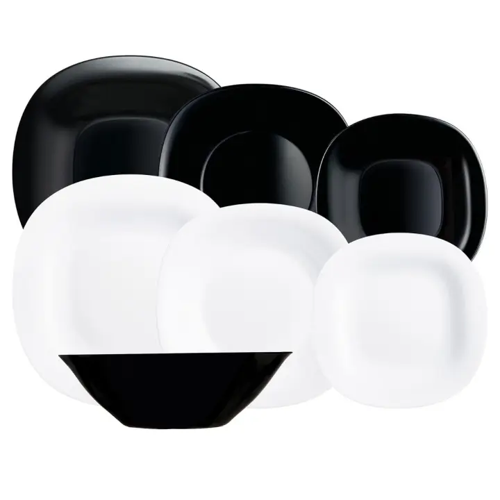 LUMINARC CARINE N&B Vajilla Opal 19 PIEZAS - 6 PERSONAS Blanco y Negro Brillo Fabricado en Francia Reciclable - 1