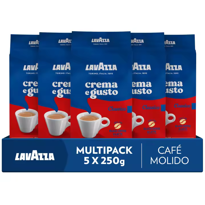Lavazza, Crema e Gusto Classico, Café Molido Natural, 5 Paquetes de 250 g, Ideal para Cafetera Italiana, de Filtro y Francesa, con Notas Aromáticas de Especias, Arábica y Robusta, Intensidad 7, Tueste Oscuro - 1