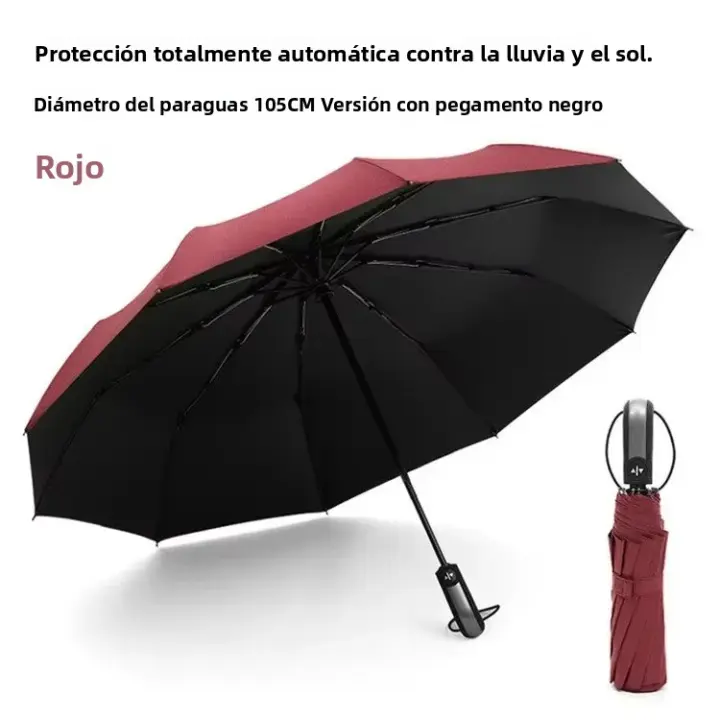 Paraguas Automático Negro 1PC Reforzado Para Protección Contra El Sol Y La Lluvia Para Adultos Plegable De 3 Secciones Metálica Con Capa Negra - 1