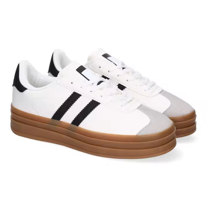 Zapatillas deportivas para mujer - Zapatillas Sneakers color blanco con rayas laterales negras- Zapatillas deporte mujer con doble suela - Zapatillas mujer con suela ancha - 1