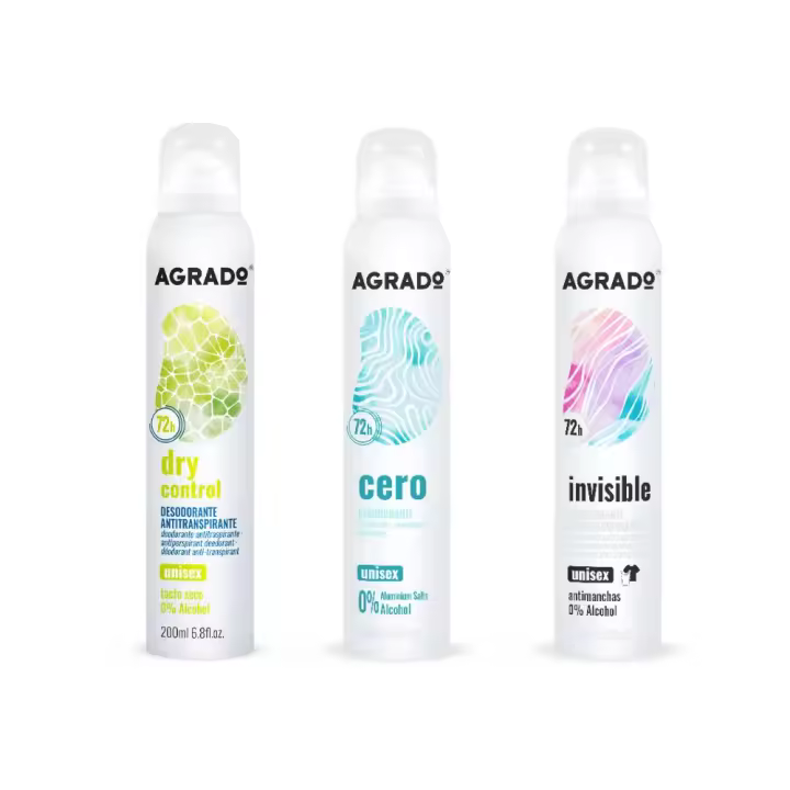 AGRADO - Pack Desodorante para Mujer, Set con Desodorante Spray Cero 200 ml, Desodorante Antitranspirante Spray Dry Control 200 ml, Desodorante Antitranspirante Spray Invisible 200 ml, Perfume Neutro, Mantiene la Frescura, Fórmula Antimanchas - 1