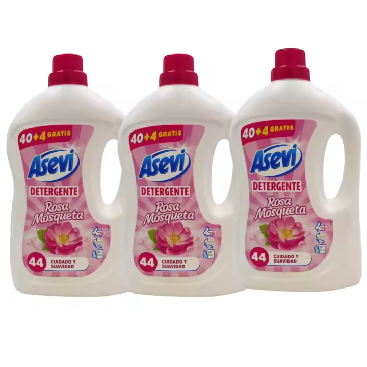 PACK DE 3 BOTELLAS ASEVI ROSA MOSQUETA Detergente 44 lavados - cuida y aporta suavidad a tu ropa tras cada lavado. Detergente para ropa blanca y de color.  ASEVI ROSA MOSQUETA, con su agradable perfume y su aporte de suavidad. DETERGENTE LIQUIDO PARA ROPA - 1