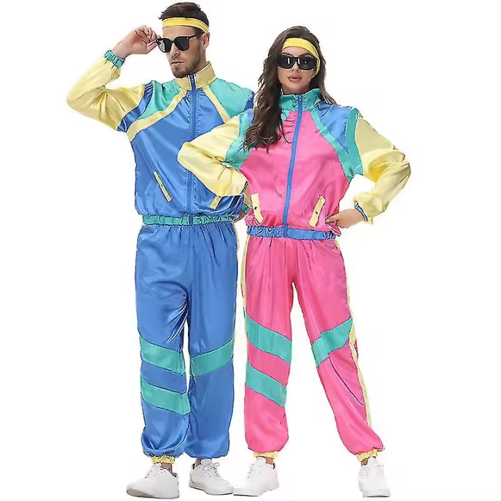 Chándal Disco Retro para Hombres y Mujeres Traje de Sudor en Bloques de Color con Chaqueta de Hip Hop Estilo 80s y Banda Elástica - 1