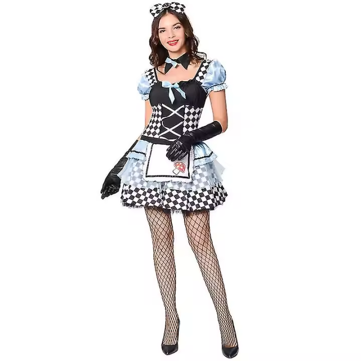 Disfraz de Anime con lazo francés para mujer, conjunto de 4 piezas, vestido, delantal, maquillaje, Halloween - 1
