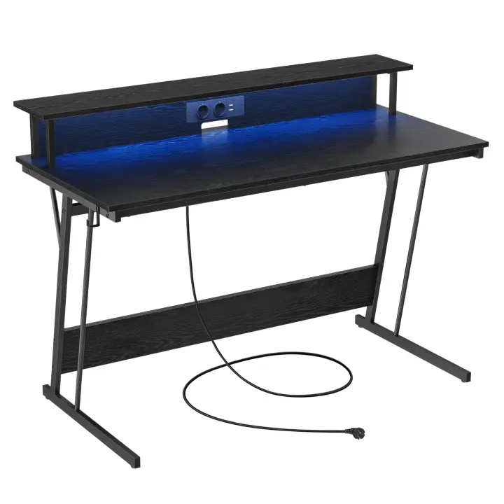 VASAGLE Escritorio para Juegos con Luces LED y Tomas de Corriente Incorporadas, Escritorio con Estante para 2 Monitores, Mesa para Oficina Dormitorio, 55 x 135 x 76 cm, Negro Ébano/Negro Carbón/Marrón Rústico - 1