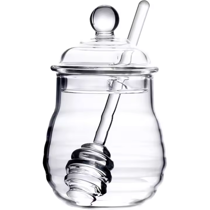 300ml Tarra de miel con cuchara y tapa de vidrio Miel olla con cazos de vidrio resistente al calor dispensador de miel de vidrio Containe - 1