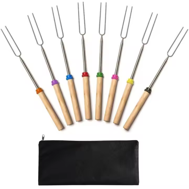 Kit Palitos de Malvavisco Extensible Asador 32 cm Juego de 8 Palitos Telescópicos de Acero Inoxidable. - 1