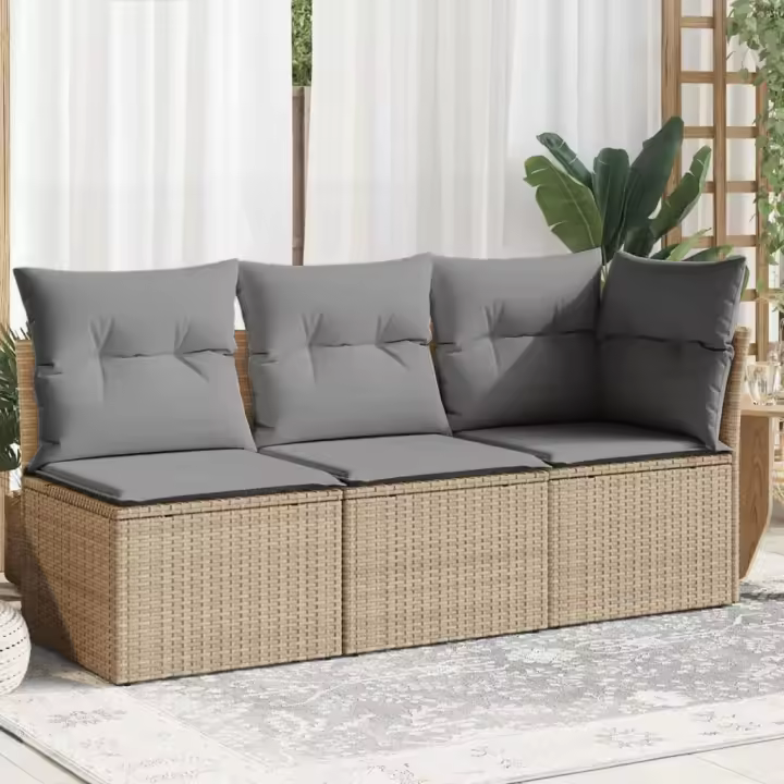 vidaXL Sofá de jardín de 3 plazas con cojines ratán sintético beige en color beige y gris/Marrón/Gris y más | acolchados duraderos para sofás de jardín terraza exterior - 1