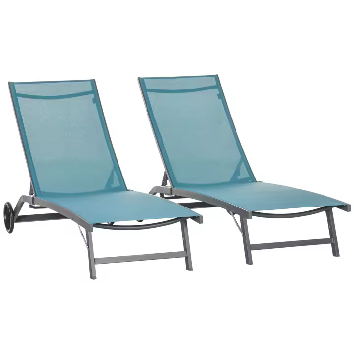 Outsunny Juego de 2 Tumbonas Reclinables de Jardín Sillas de Aluminio para Exteriores con Respaldo Ajustable de 5 Niveles y Ruedas para Playa Piscina 165x66x102 cm - 1
