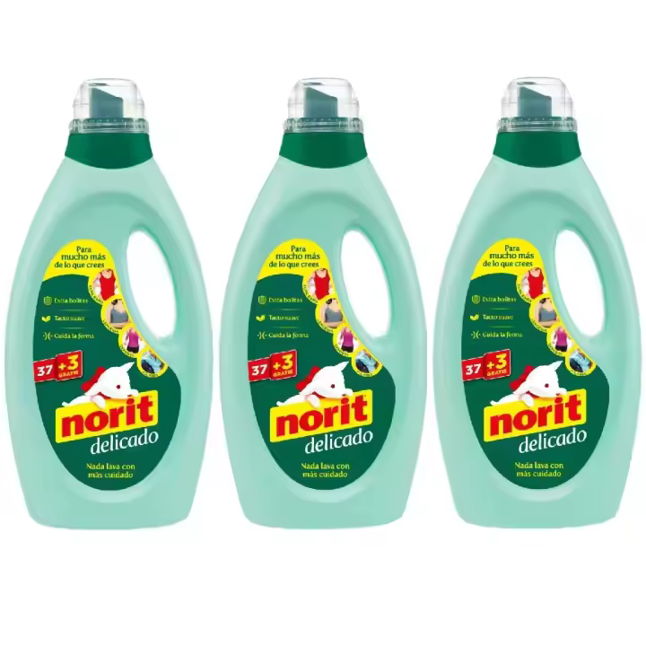 Norit Delicado Verde 1.215 ml (Pack 3x) – Detergente Líquido para Ropa Delicada, 40 Lavados, Suaviza, Protege y Perfuma. - 1